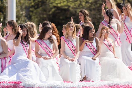 Washington, D.C., USA - April 14, 2018 Cherry Blossom Princesses in the 2018 National Cherry Blossom Parade