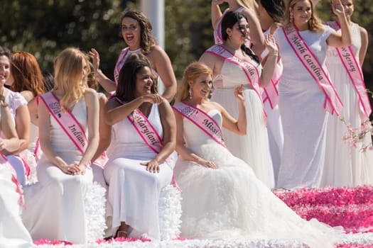 Washington, D.C., USA - April 14, 2018 Cherry Blossom Princesses in the 2018 National Cherry Blossom Parade