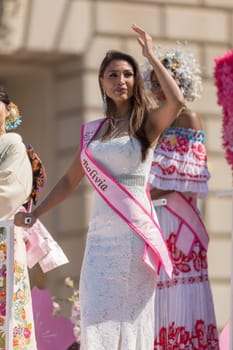 Washington, D.C., USA - April 14, 2018 Cherry Blossom Princesses in the 2018 National Cherry Blossom Parade