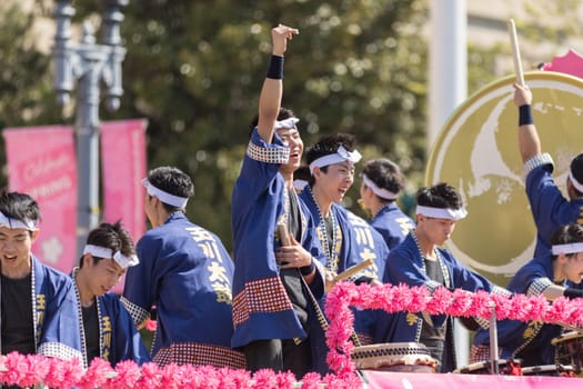 Washington, D.C., USA - April 14, 2018 Japanese Traditional music band playing in the 2018 National Cherry Blossom Parade