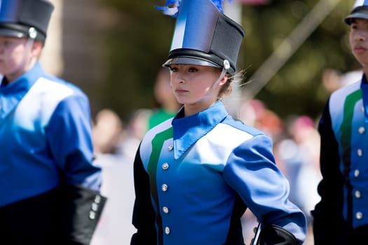Washington, D.C., USA - April 14, 2018 The Jaguar Pride Marching Band of Blue Springs South High School going down the road in the 2018 National Cherry Blossom Parade