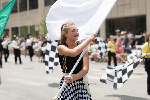 Indianapolis, Indiana, USA - May 26, 2018, Members of the Speedway High School Marching Band perform  at the Indy 500 Parade