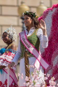 Washington, D.C., USA - April 14, 2018 Cherry Blossom Princesses in the 2018 National Cherry Blossom Parade