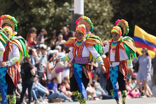 Washington, D.C., USA - April 14, 2018 Members of the Carnival of Pasto Colombia in the 2018 National Cherry Blossom Parade