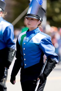 Washington, D.C., USA - April 14, 2018 The Jaguar Pride Marching Band of Blue Springs South High School going down the road in the 2018 National Cherry Blossom Parade