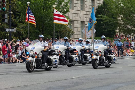 Washington, D.C., USA - July 4, 2015, The National Independence Day Parade is the  Fourth of July Parade in the capital of the United States, it  commemorates the adoption of the Declaration of Independence, only selected schools, and other groups participate.