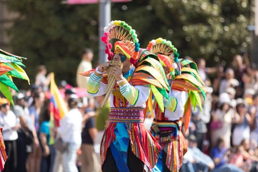 Washington, D.C., USA - April 14, 2018 Members of the Carnival of Pasto Colombia in the 2018 National Cherry Blossom Parade