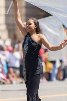 Washington, D.C., USA - April 14, 2018 Bulloch Blues Marching Band in the 2018 National Cherry Blossom Parade