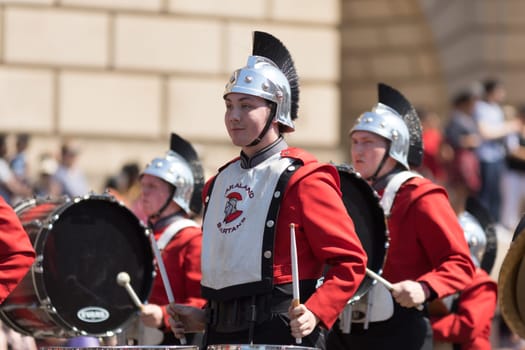 Washington, D.C., USA - April 14, 2018 Saraland Highschool Spartan Sound Marching Band  in the 2018 National Cherry Blossom Parade