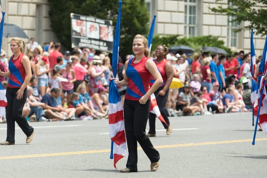 Washington, D.C., USA - July 4, 2017, The National Independence Day Parade is the  Fourth of July Parade in the capital of the United States, it  commemorates the adoption of the Declaration of Independence, only selected schools, and other groups participate.