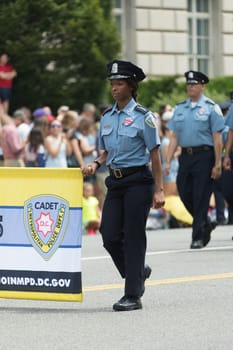 Washington, D.C., USA - July 4, 2017, The National Independence Day Parade is the  Fourth of July Parade in the capital of the United States, it  commemorates the adoption of the Declaration of Independence, only selected schools, and other groups participate.