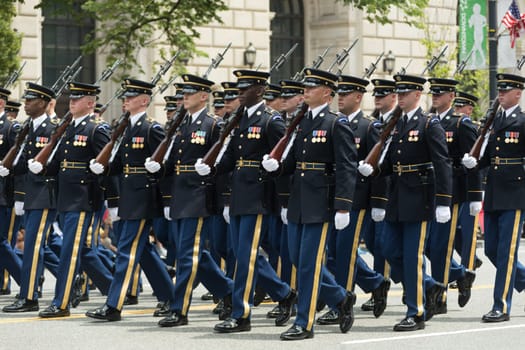 Washington, D.C., USA - July 4, 2017, The National Independence Day Parade is the  Fourth of July Parade in the capital of the United States, it  commemorates the adoption of the Declaration of Independence, only selected schools, and other groups participate.