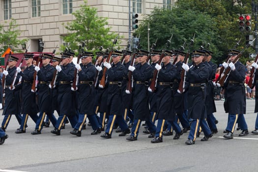 Washington, D.C., USA - July 4, 2015, The National Independence Day Parade is the  Fourth of July Parade in the capital of the United States, it  commemorates the adoption of the Declaration of Independence, only selected schools, and other groups participate.