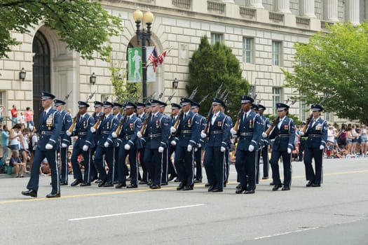 Washington, D.C., USA - July 4, 2017, The National Independence Day Parade is the  Fourth of July Parade in the capital of the United States, it  commemorates the adoption of the Declaration of Independence, only selected schools, and other groups participate.