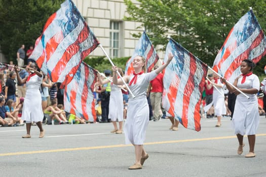 Washington, D.C., USA - July 4, 2017, The National Independence Day Parade is the  Fourth of July Parade in the capital of the United States, it  commemorates the adoption of the Declaration of Independence, only selected schools, and other groups participate.