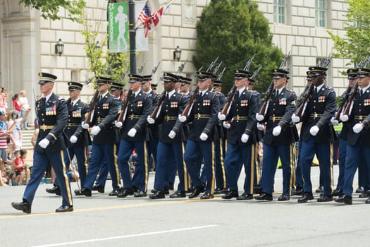 Washington, D.C., USA - July 4, 2017, The National Independence Day Parade is the  Fourth of July Parade in the capital of the United States, it  commemorates the adoption of the Declaration of Independence, only selected schools, and other groups participate.