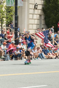 Washington, D.C., USA - July 4, 2017, The National Independence Day Parade is the  Fourth of July Parade in the capital of the United States, it  commemorates the adoption of the Declaration of Independence, only selected schools, and other groups participate.