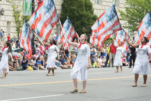 Washington, D.C., USA - July 4, 2017, The National Independence Day Parade is the  Fourth of July Parade in the capital of the United States, it  commemorates the adoption of the Declaration of Independence, only selected schools, and other groups participate.