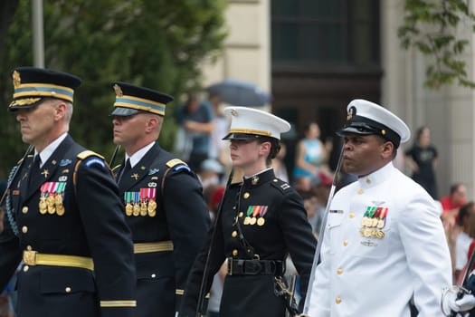 Washington, D.C., USA - July 4, 2017, The National Independence Day Parade is the  Fourth of July Parade in the capital of the United States, it  commemorates the adoption of the Declaration of Independence, only selected schools, and other groups participate.