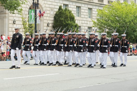 Washington, D.C., USA - July 4, 2017, The National Independence Day Parade is the  Fourth of July Parade in the capital of the United States, it  commemorates the adoption of the Declaration of Independence, only selected schools, and other groups participate.
