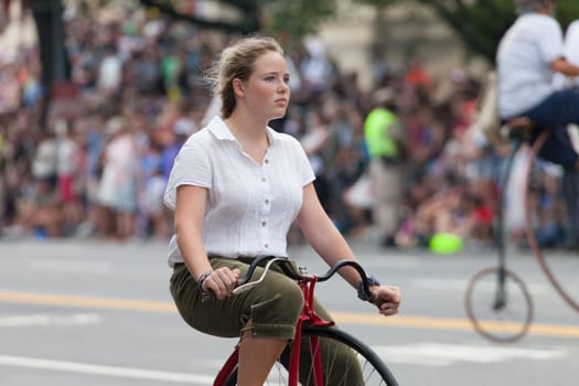 Washington, D.C., USA - July 4, 2015, The National Independence Day Parade is the  Fourth of July Parade in the capital of the United States, it  commemorates the adoption of the Declaration of Independence, only selected schools, and other groups participate.
