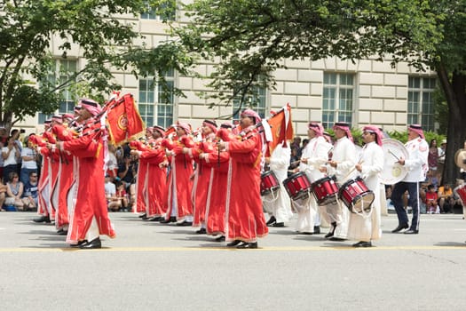 Washington, D.C., USA - July 4, 2017, The National Independence Day Parade is the  Fourth of July Parade in the capital of the United States, it  commemorates the adoption of the Declaration of Independence, only selected schools, and other groups participate.