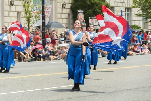 Washington, D.C., USA - July 4, 2017, The National Independence Day Parade is the  Fourth of July Parade in the capital of the United States, it  commemorates the adoption of the Declaration of Independence, only selected schools, and other groups participate.