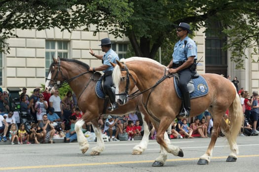 Washington, D.C., USA - July 4, 2017, The National Independence Day Parade is the  Fourth of July Parade in the capital of the United States, it  commemorates the adoption of the Declaration of Independence, only selected schools, and other groups participate.