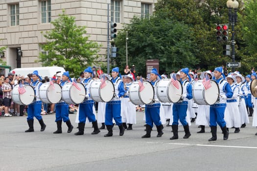 Washington, D.C., USA - July 4, 2015, The National Independence Day Parade is the  Fourth of July Parade in the capital of the United States, it  commemorates the adoption of the Declaration of Independence, only selected schools, and other groups participate.