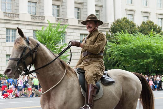Washington, D.C., USA - July 4, 2016, The National Independence Day Parade is the  Fourth of July Parade in the capital of the United States, it  commemorates the adoption of the Declaration of Independence, only selected schools, and other groups participate.