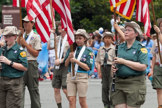 Washington, D.C., USA - July 4, 2015, The National Independence Day Parade is the  Fourth of July Parade in the capital of the United States, it  commemorates the adoption of the Declaration of Independence, only selected schools, and other groups participate.