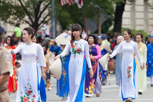 Washington, D.C., USA - July 4, 2015, The National Independence Day Parade is the  Fourth of July Parade in the capital of the United States, it  commemorates the adoption of the Declaration of Independence, only selected schools, and other groups participate.