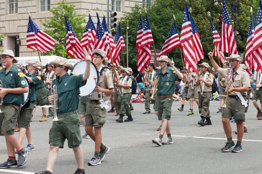 Washington, D.C., USA - July 4, 2015, The National Independence Day Parade is the  Fourth of July Parade in the capital of the United States, it  commemorates the adoption of the Declaration of Independence, only selected schools, and other groups participate.