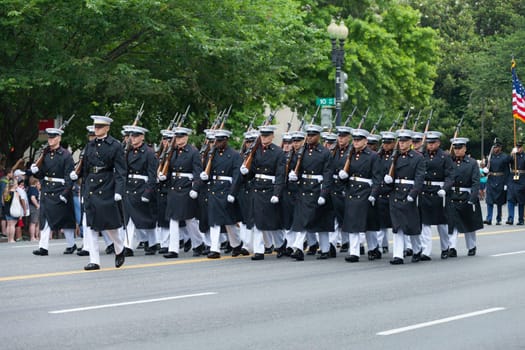 Washington, D.C., USA - July 4, 2016, The National Independence Day Parade is the  Fourth of July Parade in the capital of the United States, it  commemorates the adoption of the Declaration of Independence, only selected schools, and other groups participate.
