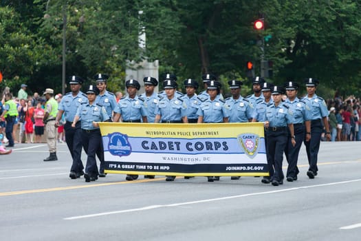 Washington, D.C., USA - July 4, 2016, The National Independence Day Parade is the  Fourth of July Parade in the capital of the United States, it  commemorates the adoption of the Declaration of Independence, only selected schools, and other groups participate.