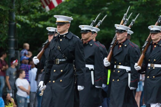 Washington, D.C., USA - July 4, 2016, The National Independence Day Parade is the  Fourth of July Parade in the capital of the United States, it  commemorates the adoption of the Declaration of Independence, only selected schools, and other groups participate.