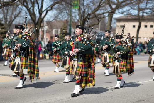 Chicago, Illinois, USA - March 11, 2018, The South Side Irish Parade is a cultural and religious celebration from Ireland in honor of  Saint Patrick.