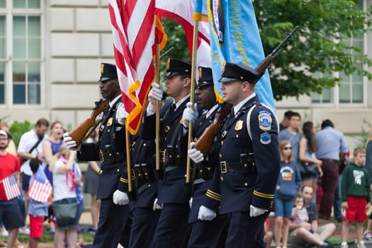 Washington, D.C., USA - July 4, 2016, The National Independence Day Parade is the  Fourth of July Parade in the capital of the United States, it  commemorates the adoption of the Declaration of Independence, only selected schools, and other groups participate.