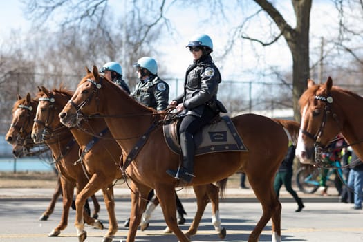 Chicago, Illinois, USA - March 11, 2018, The South Side Irish Parade is a cultural and religious celebration from Ireland in honor of  Saint Patrick.