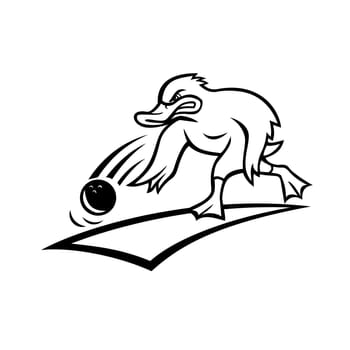 Cartoon mascot style illustration of an angry bowler duck or mallard rolling a bowling ball down a wood or synthetic lane viewed from side on isolated background done in black and white.