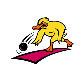 Cartoon style illustration of an angry bowler duck or mallard rolling a bowling ball down a wood or synthetic lane viewed from side on isolated background.