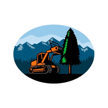 Retro style illustration of a tracked mulching tractor or forestry mulcher tearing down a pine tree with forest and mountains set inside oval on isolated background.