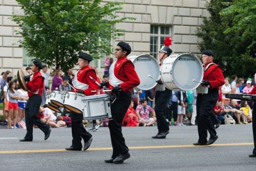 Washington, D.C., USA - July 4, 2016, The National Independence Day Parade is the  Fourth of July Parade in the capital of the United States, it  commemorates the adoption of the Declaration of Independence, only selected schools, and other groups participate.