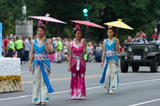 Washington, D.C., USA - July 4, 2016, The National Independence Day Parade is the  Fourth of July Parade in the capital of the United States, it  commemorates the adoption of the Declaration of Independence, only selected schools, and other groups participate.