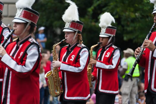 Washington, D.C., USA - July 4, 2016, The National Independence Day Parade is the  Fourth of July Parade in the capital of the United States, it  commemorates the adoption of the Declaration of Independence, only selected schools, and other groups participate.