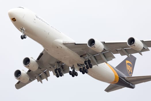 Louisville, Kentucky, USA - April 21, 2018 747-8 UPS cargo aircraft does a fly by at the Thunder Over Louisville