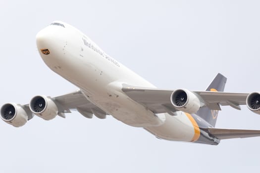 Louisville, Kentucky, USA - April 21, 2018 747-8 UPS cargo aircraft does a fly by at the Thunder Over Louisville