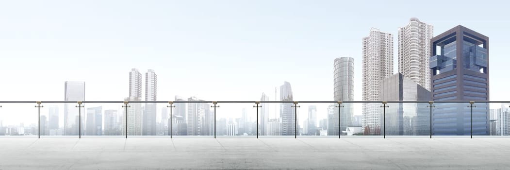 Empty modern terrace area with city view over sky background