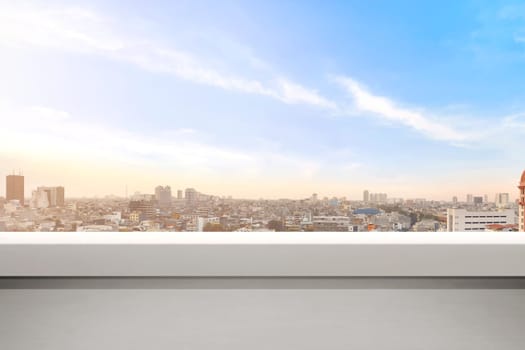 Empty balcony with modern cityscapes and blue sky background. Jakarta, Indonesia.