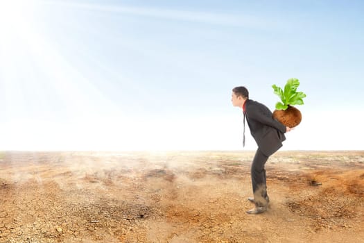Young asian businessman carrying young plant with green leaves in the pot on the cracked field and sunlight over blue sky background. Earth day concept